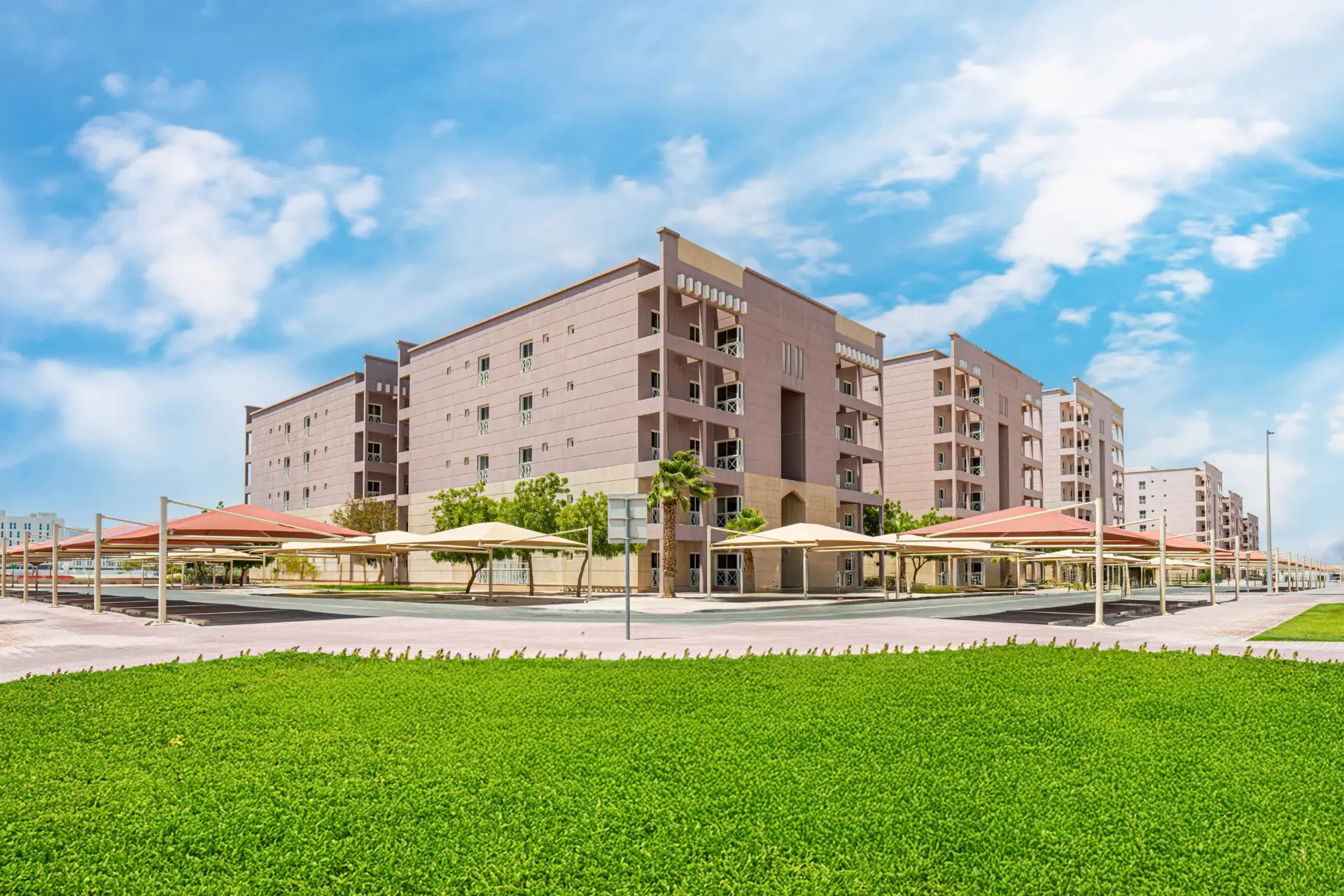 Apartment building with landscaped grounds