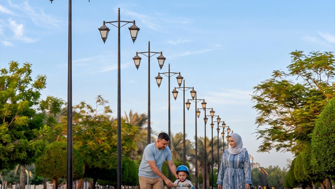 Residents strolling along a palm-lined walkway